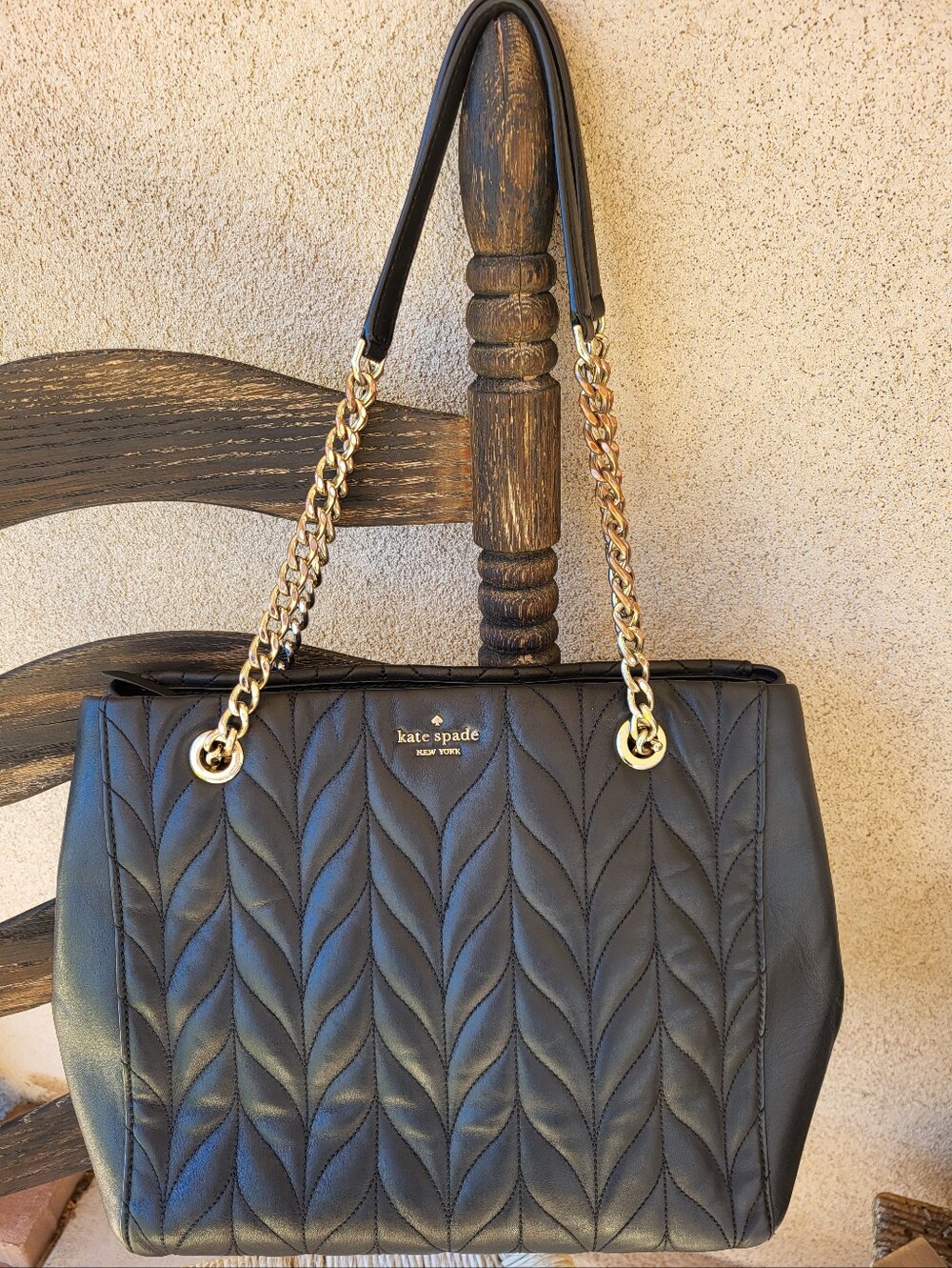 Kate Spade New York Briar Lane Black Quilted Leather Tote, Gold Chain Handles.